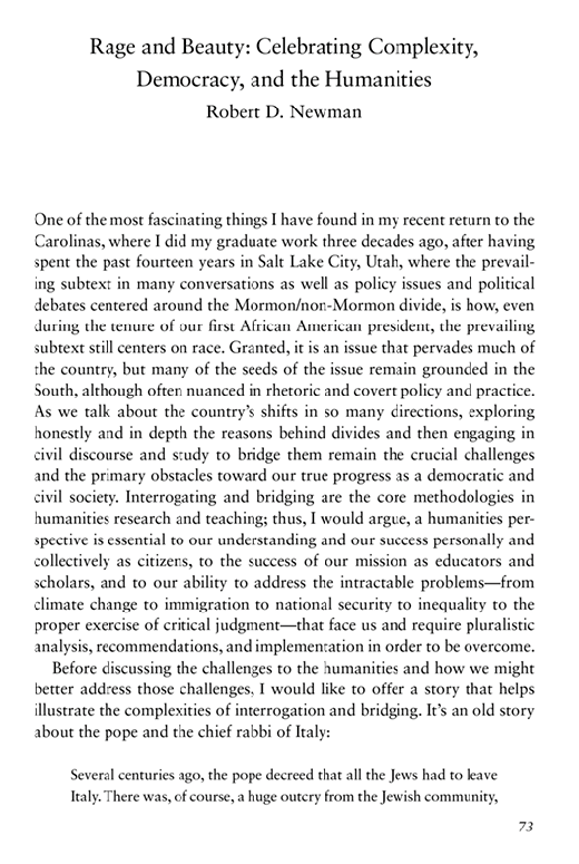 Robert D. Newman, Rage and Beauty: Celebrating Complexity, Democracy, and the Humanities