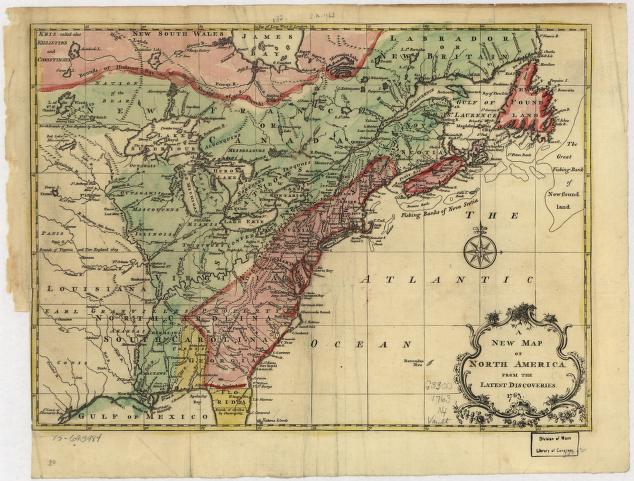 Hand drawn map in color of the eastern shore of North America from 1763