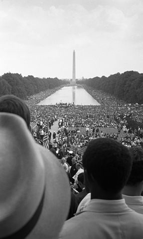 View of crowds in front of the National Mall and the Washington Monument at the March on Washington for Jobs and Freedom