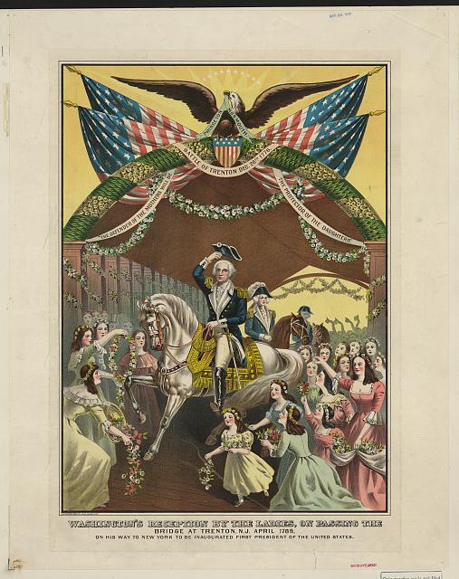Colored lithograph of George Washington on a horse with women surrounding him from 1789